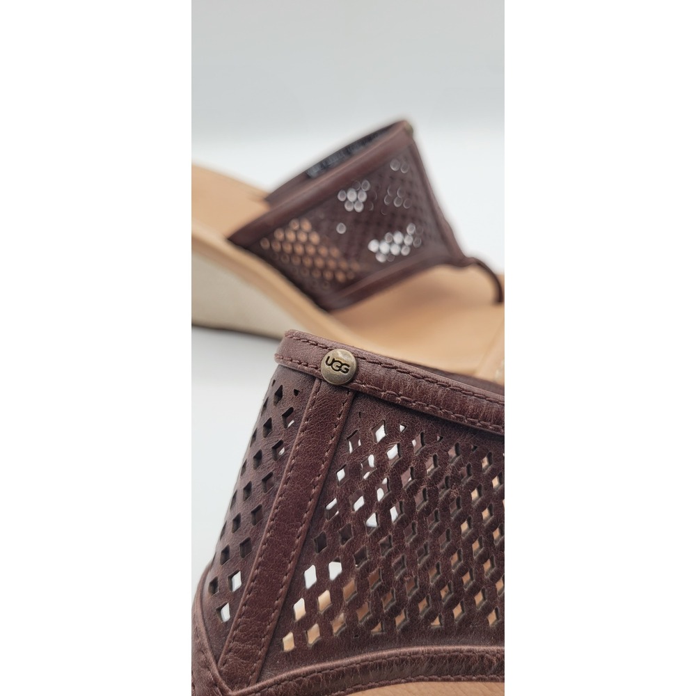 UGG Solena Women's Wedge Sandals 7.5 Brown Leather Perforated Comfort Thong - Picture 9 of 11